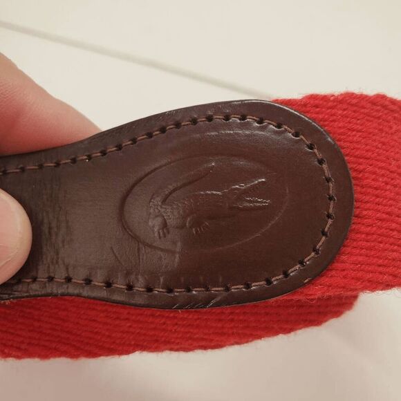 VTG Lacoste Men's Red Canvas Brown Leather Brass Buckle Belt 36 - Picture 6 of 7